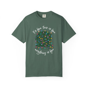 green t-shirt with a graphic of a tangled ball of lights with text It's fine, this is fine, everything is fine.