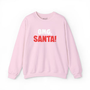 Pink sweatshirt with red and white embroidered text 'Omg, Santa!'
