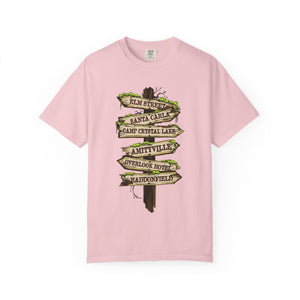 Yellow t-shirt with 'Horror Road Sign Halloween' design on a white background