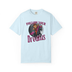 Light blue Halloween t-shirt with Freddy Kreuger on a black unicorn graphic and 'Follow Your Dreams' text on a white background