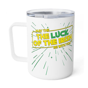 mug with 'Luck of the Irish Star Wars Parody Insulated Travel 10oz' graphic on a white background
