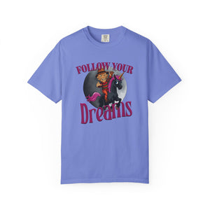 Purple Halloween t-shirt with Freddy Kreuger on a black unicorn graphic and 'Follow Your Dreams' text on a white background