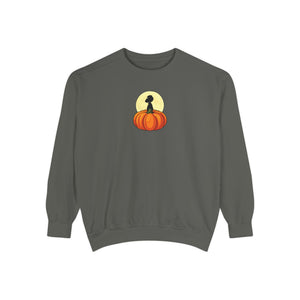 Grey sweatshirt with 'Great Pumpkin Halloween Fall' design on a plain background