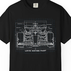Black t-shirt with formula 1 car blueprint graphic and text on a white background
