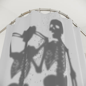 Shower curtain with 'Skeleton Couple' pattern in a bathroom setting