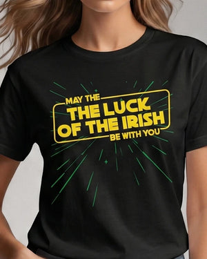 Black t-shirt with yellow and green text May the Luck of the Irish Star Wars theme design on a plain background
