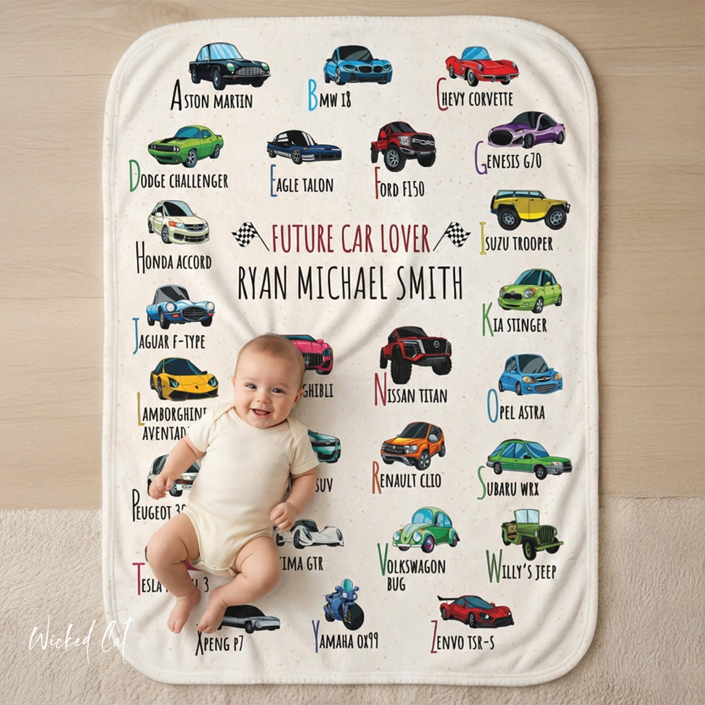 Soft sherpa blanket with 'Personalized ABC Car Lover' design