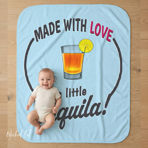 soft sherpa blanket with 'Made with Love Blue' design