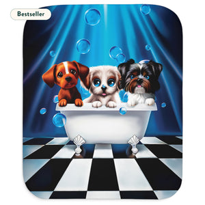 soft sherpa blanket with 'Puppy Bath Time' design