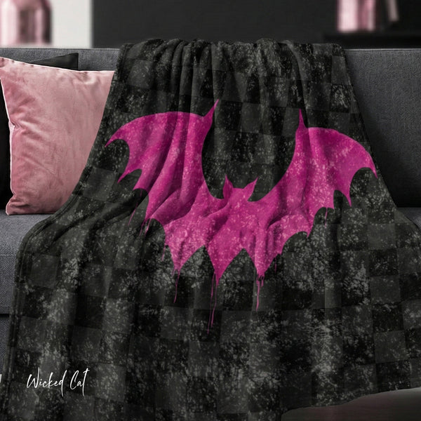 Black & Pink Bat Checkered Decorative Throw Blanket