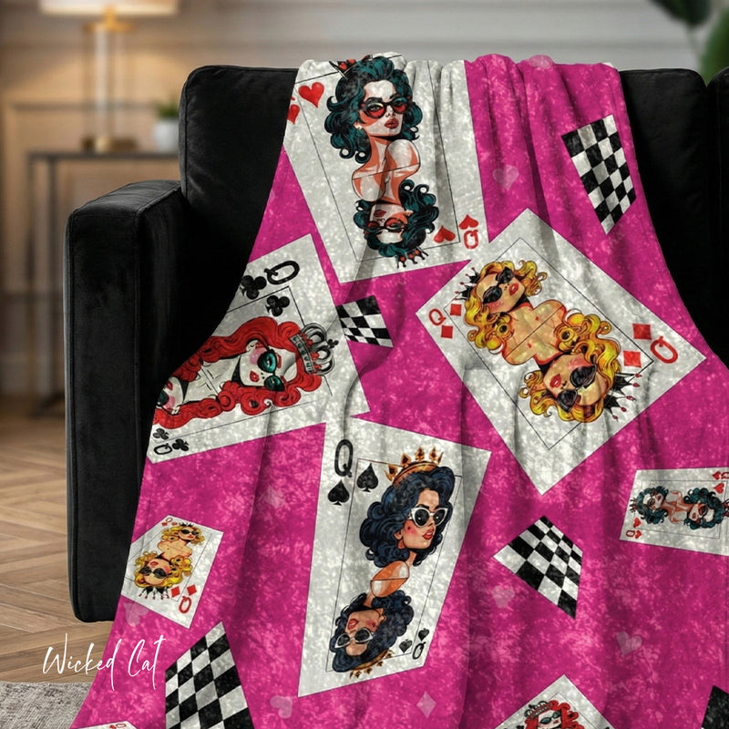 Soft sherpa blanket with 'Playing Cards Queens Black Decorative Throw' design