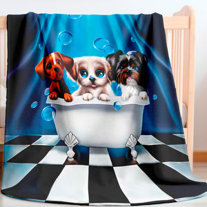 soft sherpa blanket with 'Puppy Bath Time' design