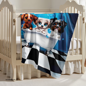 soft sherpa blanket with 'Puppy Bath Time' design