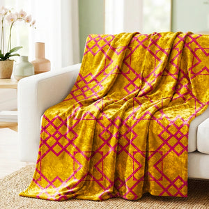 Soft sherpa blanket with 'Vibrant Yellow & Pink Geometric Decorative Throw' design