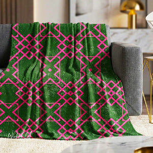 Soft sherpa blanket with 'Green & Pink Geometric Decorative Throw' design