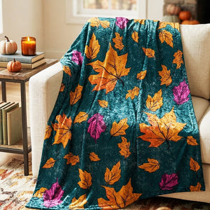 Soft sherpa blanket with 'Fall Leaves Green Decorative Throw' design