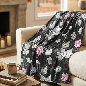 Soft sherpa blanket with 'Fall Leaves Grey & Pink Decorative Throw' design