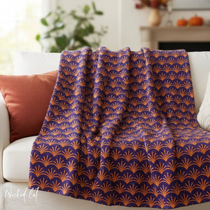 Soft sherpa blanket with 'Purple & Orange Art Deco Decorative Throw' design