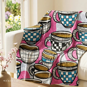 Soft sherpa blanket with 'Whimsical Coffee Lovers Decorative Throw | Gift' design