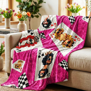 Soft sherpa blanket with 'Card Deck Queens Pink Decorative Throw' design