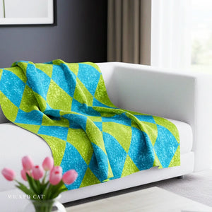 Soft sherpa blanket with 'Green & Blue Harlequin Decorative Throw' design