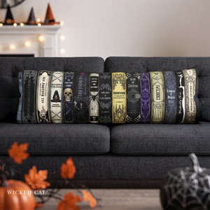 Living room scene with a decorative body pillow with a row of Halloween books design.