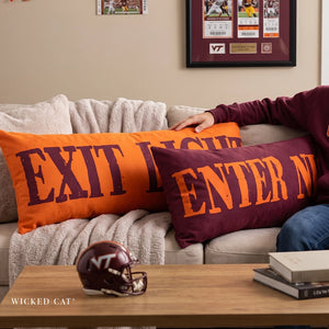 Two rectangular throw pillows on a beige couch in a living room setting. One pillow is bright orange with dark purple text reading 'EXIT LIGHT', and the other is dark maroon with orange text reading 'ENTER NIGHT.