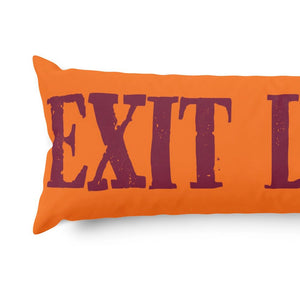 An orange rectangular throw pillow with the word 'EXIT' printed in large, distressed dark red block letters, shown on a plain white background.