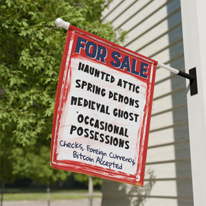Garden flag with 'Haunted House For Sale Retro Halloween' design