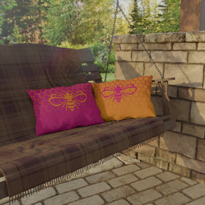throw pillow with 'Honeycomb Bee Reversible Pink & Orange' design