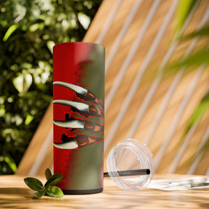Matte mug with 'Nightmare on Elm Freddy Krueger Skinny Tumbler 20oz' graphic on a white background