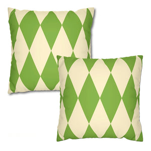 Two green and beige patterned pillows on a white background