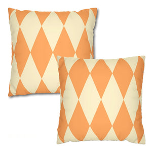 Two orange and beige patterned pillows on a white background