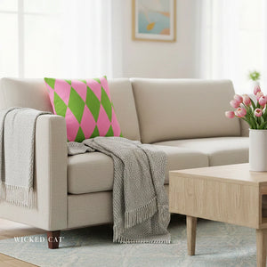 Reversible Pink Green Harlequin Pillow Cover