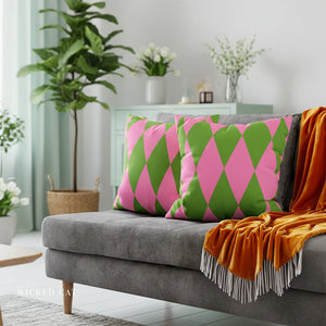 Reversible Pink Green Harlequin Pillow Cover