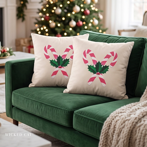 Two square cream throw pillows with a pink and green candy cane and holly design, resting on a green velvet sofa in a cozy, blurred living room setting with a Christmas tree in the background.