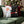 A decorative throw pillow featuring a festive Christmas design of Santa Claus holding a champagne glass, styled on a green velvet sofa in front of a lit Christmas tree.