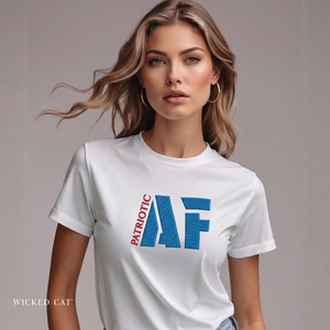 Woman wearing a white t-shirt with 'Patriotic AF' design on a plain background