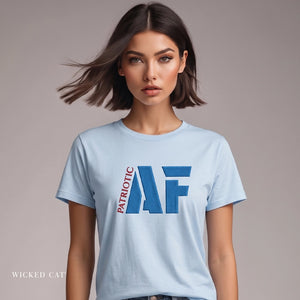 Woman wearing a light blue t-shirt with 'Patriotic AF' text on a plain background