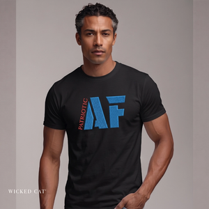 Man wearing a black t-shirt with 'Patriotic AF' design on a plain background