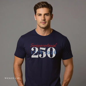 Man wearing a navy blue t-shirt with 'Seninquincentennial 1776-2026' text on a gray background