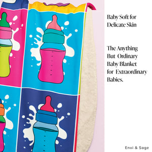 soft sherpa blanket with 'Pop Art Milk Bottles' design