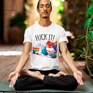 Person wearing a Natural t-shirt with 'Rainbows & Unicorns Funny' design on a plain background