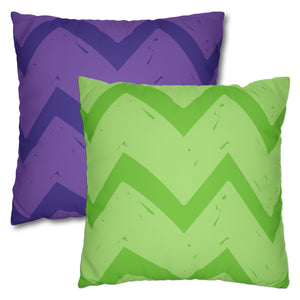 Two square accent pillow covers, one in vibrant purple and the other in green, both with a chevron pattern.