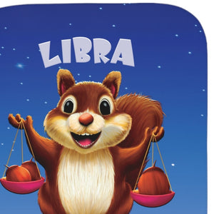Illustration of a squirrel on a blue background with 'Libra' text