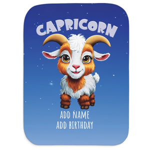 Capricorn zodiac sign with a cartoon goat on a blue background