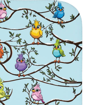Colorful birds on branches pattern on a blue background baby blanket