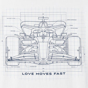 White t-shirt with a race car blueprint graphic and 'Love Moves Fast' text on a white background