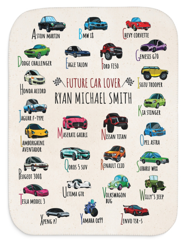 Personalized ABC Car Lover Sherpa Baby Blanket