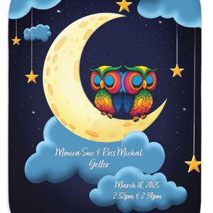 personalized twins baby blanket with twin owls sitting on a crescent moon